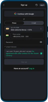 Screenshot of registration in the Glassi casino application